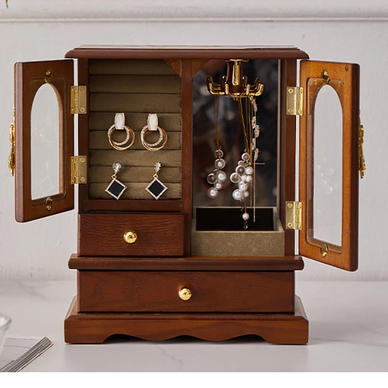 HANDMADE Retro Wooden Jewelry Storage Box High-end Earrings Necklaces Rings Storage Holder Rack Dustproof Cabinet Desktop Showcase