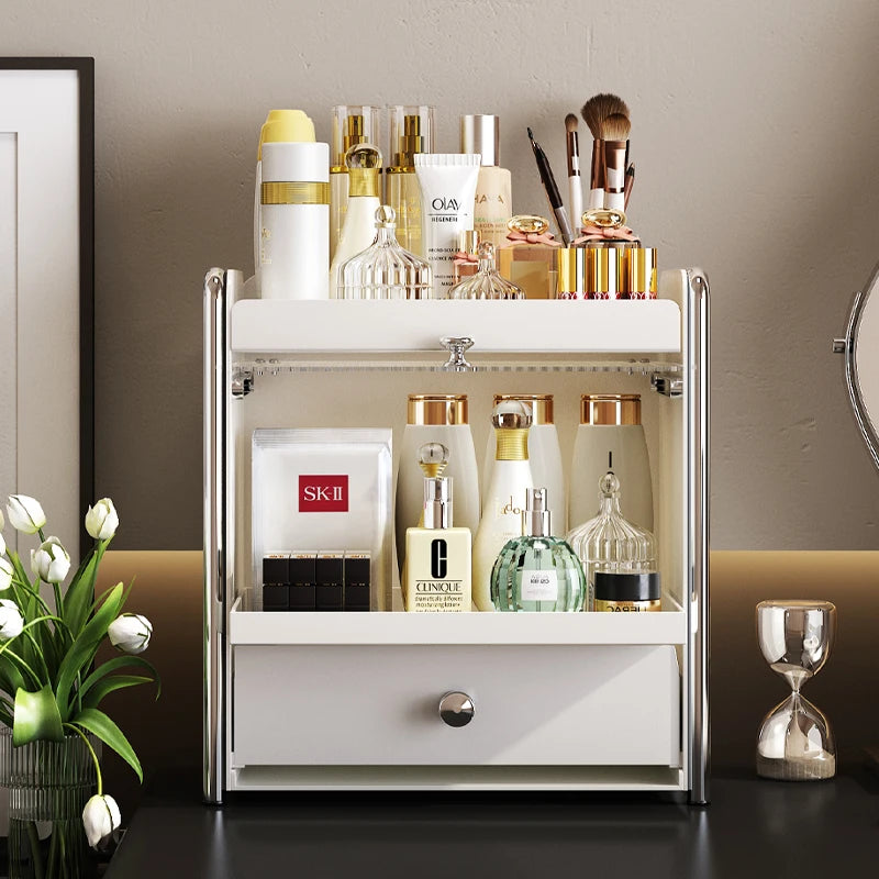 H‌ANDMADE Luxury Dust-Proof Makeup Organizer Box Multi-Tier Vanity Storage Rack for Skincare Desktop & Bathroom Display Cabinet