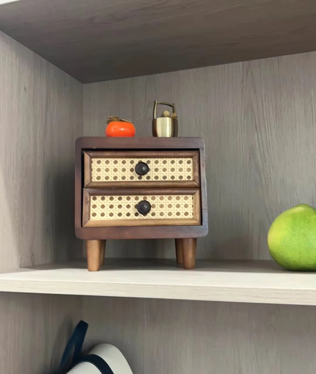 HANDMAME Desktop Wooden Storage Cabinet Retro Imitate Rattan Storage Box with Drawer Home Decor Sundries Organize Boxes Stationery Holder