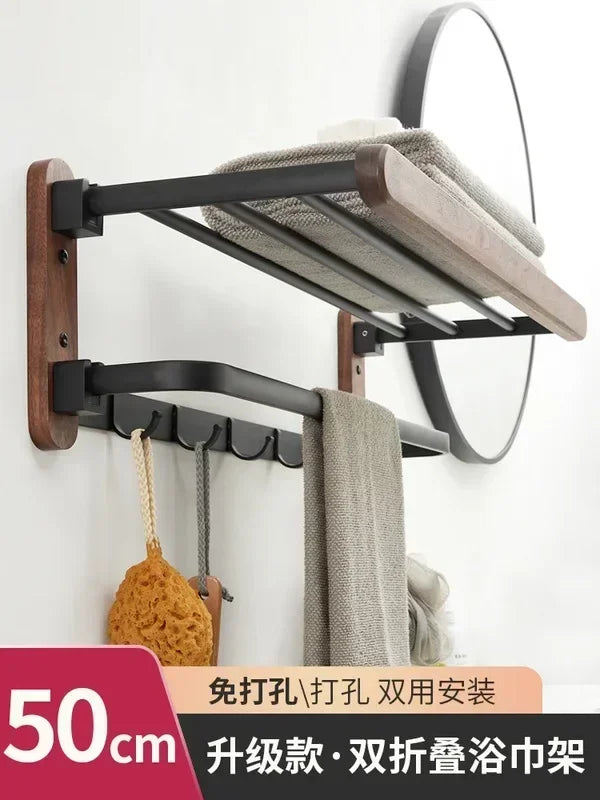 handmade Walnut Wood Towel Holder Non Punching Rack Waterproof Moisture-proof Bathroom Storager Foldable Shelves High Load-bearing Hanger