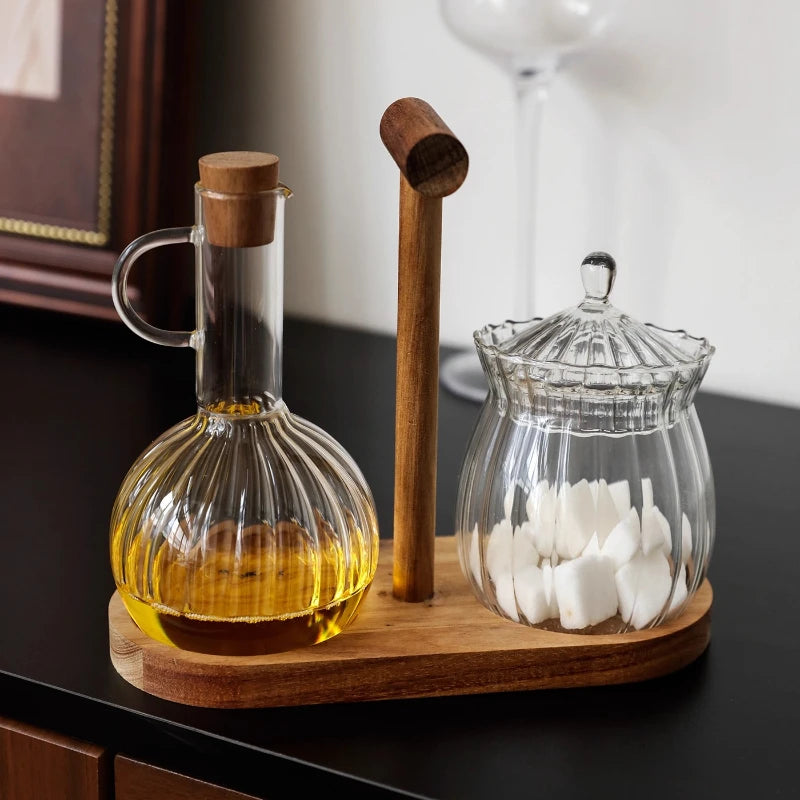 HANDMADE Glass Oil Pan Kitchen Household Wooden Lidseasoning Bottle Storage Rack High-temperatureresistant Storagetanksoysauce Bottle Set