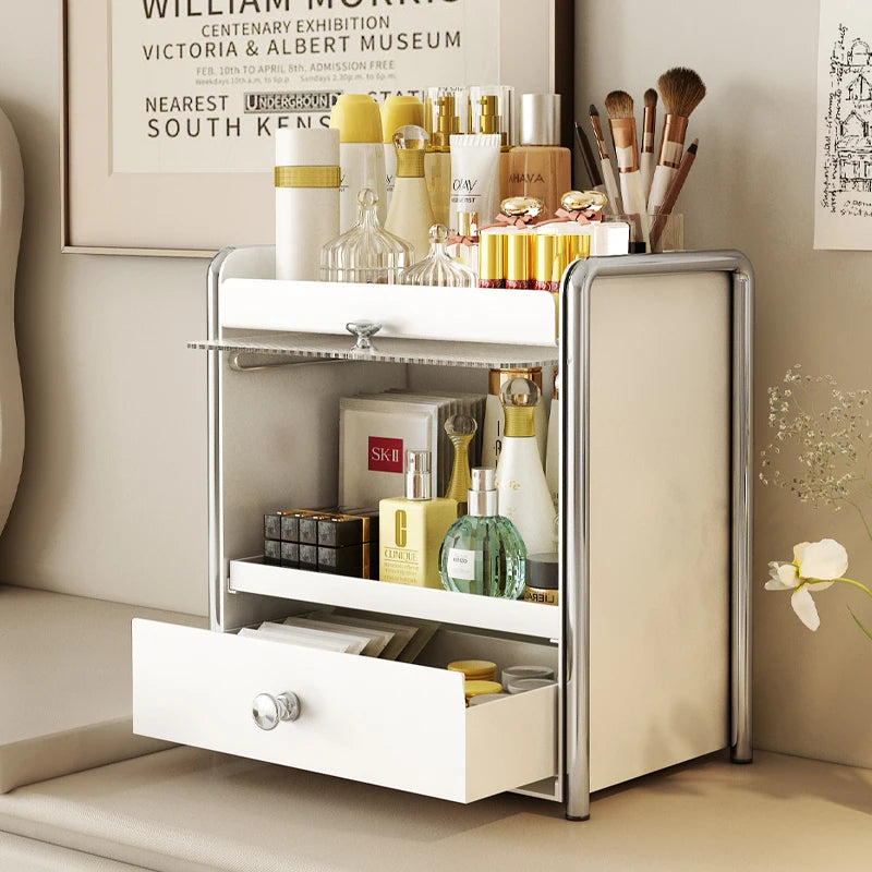 H‌ANDMADE Luxury Dust-Proof Makeup Organizer Box Multi-Tier Vanity Storage Rack for Skincare Desktop & Bathroom Display Cabinet