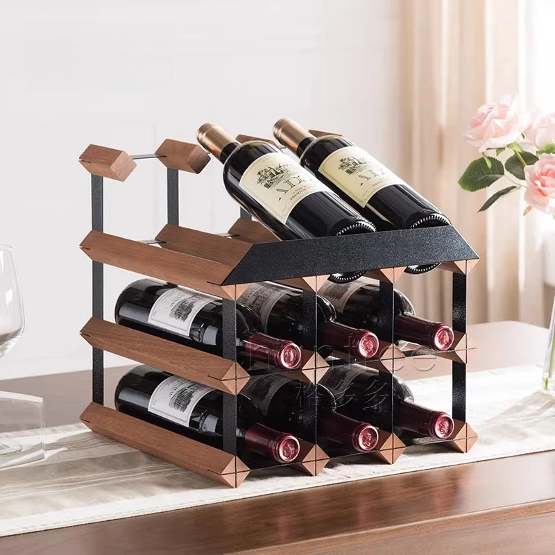 HANDMADE Wooden Wine Rack Display, Creative Slanted Bottle Holder for 6-8 Wines, Solid Wood Storage Stand for Home Bar, Dining Room Decor