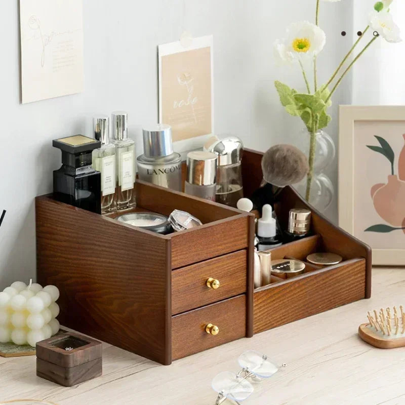 HANDMADE WOOK MAKEUP SOTRAGE ORGANIZER Clear Wood Texture Makeup Organizer Large Capacity Drawer Box Luxury Storage for Lipstick Mask and Skincare