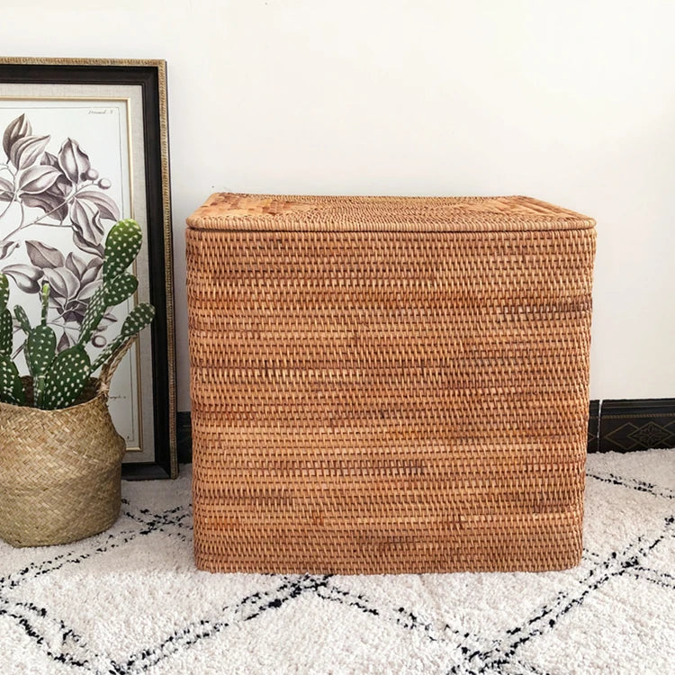 handmade Hand-Woven Rattan Laundry Basket with Cover Large Clothing Sundry Books Primary Color Storage Basket Home Supplies