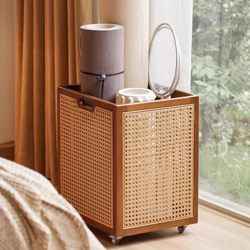 HANDMADE RATTAN BAMBOO BASKET SSTORAGE Rattan Weave Dirty Clothes Basket with Pulley Multi-Functional Gym Equipment Rack for Home Workout Space Yoga Mat Storage Basket