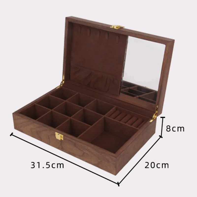 HANDMADE Walnut Wood Jewelry Box Luxury Retro Watch Storage Boxes Mirror Necklace Bracelet Display Case Jewellery Organizer Packaging