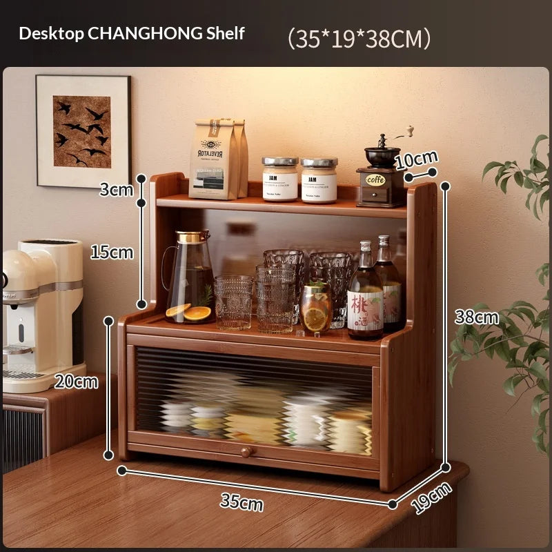 Multifunctional Bamboo Countertop Organizer Rack with Dustproof Door | Kitchen & Bathroom Storage Shelf