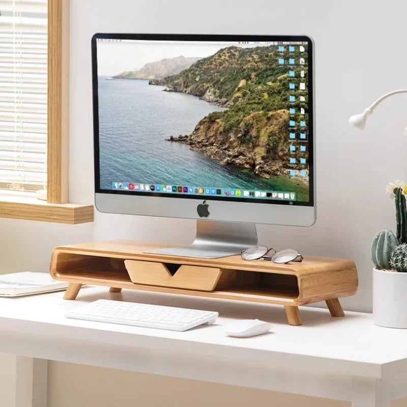 bamboo handmade Ergonomic Monitor Stand with Drawer Multilayer Laptop Riser for Neck Relief Space-Saving Office Desk Organizer and Computer Base