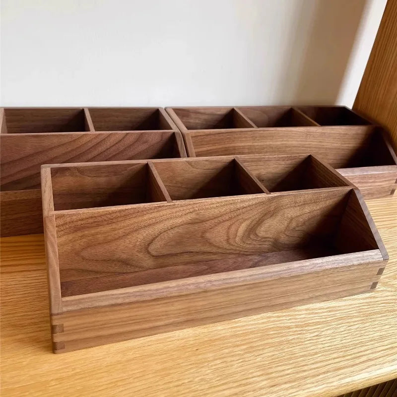 HANDMADE BLACK WWALNUT Multi-grid Wooden Organizer Angled Desktop Storage Box Multifunctional Remote Control Storage Tray Minimalist Drawer Dividers